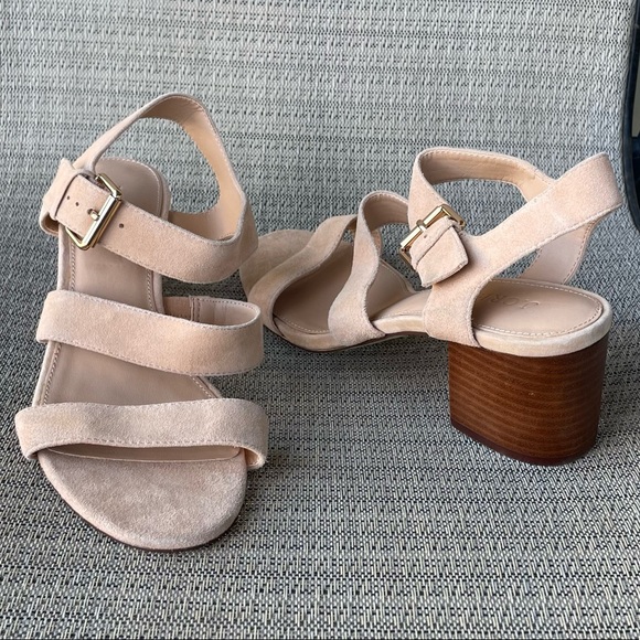 J. Crew Shoes - J Crew Three Strap Stacked Heel Sandals in Suede Pale Mocha Size 9